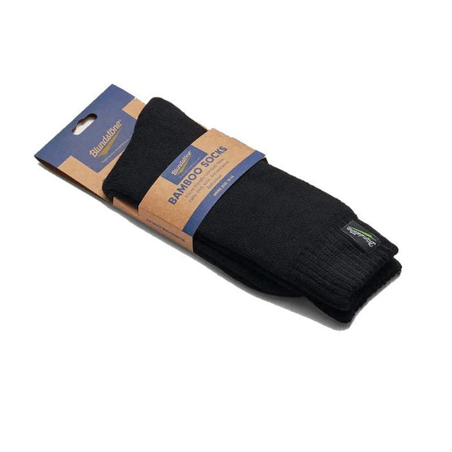 A pair of eco-friendly black Blundstone Bamboo Socks - Not Returnable, folded and wrapped in a brown and blue sleeve labeled “Bamboo Socks” by Blueculture, displayed on a white background., 9315891439145, 9315891439152