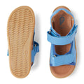 The Bobux IW Iwalk Strand Sandal in Azure Blue features tan rubber soles and open toes for toddlers. One sandal displays the tread, while the other highlights adjustable Velcro straps for a comfortable fit., 9420068556997, 9420068557000, 9420068557017, 9420068557024, 9420068557031