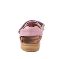 A rear view of the Bobux IW Iwalk Strand Sandal in Lilas Pink shows a kids' sandal with a tan sole, closed heel, open toe, and adjustable Velcro strap. The BOBUX brand name is embossed on the sole., 9420068556942, 9420068556959, 9420068556966, 9420068556973, 9420068556980