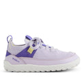 The Bobux Iwalk Meta Sneakers Thistle Lavender are light purple stretchy knit sneakers with lavender and purple accents, a white non-slip outsole, yellow tag, and BOBUX branding on the heel, shown side profile on a white background.