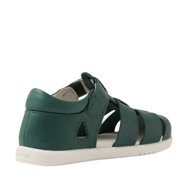 The Bobux Iwalk IW Quick Dry Tidal Closed Toe Sandal in Rainforest Green has a closed heel, open sides, a white rubber sole, multiple straps, and an ankle Velcro closure. Made from quick-dry leather for comfort and convenience., 9420074811301, 9420074811318, 9420074811325, 9420074811332, 9420074811349