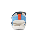 Rear view of Bobux IW Iwalk Vine Sandal Navy Open Toe: kids' sandal with blue ultra-soft leather upper, orange stripe, white sole, open heel, double strap closure, and BOBUX embossed on the back of the sole., 9420074820136, 9420074820143, 9420074820150, 9420074820167, 9420074820174