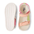 A pair of Bobux IW Iwalk Vine Sandal Pink Lemonade for toddlers, one showing the sole and the other the top. These open toe sandals have light pink, peach, and green straps, white outsoles, and adjustable closures. Label: BOBUX 23 EU I-WALK., 9420074820235, 9420074820242, 9420074820259, 9420074820266, 9420074820273