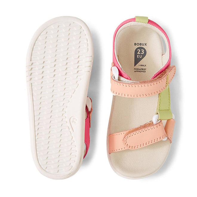 A pair of Bobux IW Iwalk Vine Sandal Pink Lemonade for toddlers, one showing the sole and the other the top. These open toe sandals have light pink, peach, and green straps, white outsoles, and adjustable closures. Label: BOBUX 23 EU I-WALK., 9420074820235, 9420074820242, 9420074820259, 9420074820266, 9420074820273