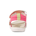 A close-up rear view of the Bobux IW Iwalk Vine Sandal Pink Lemonade Open Toe for kids, in pink and light green with a white sole, showing the BOBUX brand name on the heel., 9420074820235, 9420074820242, 9420074820259, 9420074820266, 9420074820273