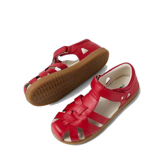 The Bobux Kids Plus KP Tropicana II Salsa Red Closed Toe Leather Sandal features a woven leather design, Velcro strap, brown rubber soles, and water resistance—perfect for kids’ comfort and all-day play. Displayed on a white background., 9420074865311, 9420074865328, 9420074865335, 9420074865342, 9420074865359, 9420074865366, 9420074865373
