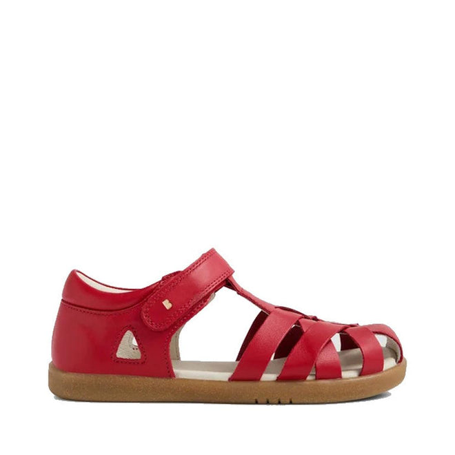 The Bobux Kids Plus KP Tropicana II Salsa Red Closed Toe Leather Sandal features a water-resistant red leather upper, multiple straps, a closed heel, open toe, tan rubber sole, and hook-and-loop closure. Displayed on a plain white background., 9420074865311, 9420074865328, 9420074865335, 9420074865342, 9420074865359, 9420074865366, 9420074865373