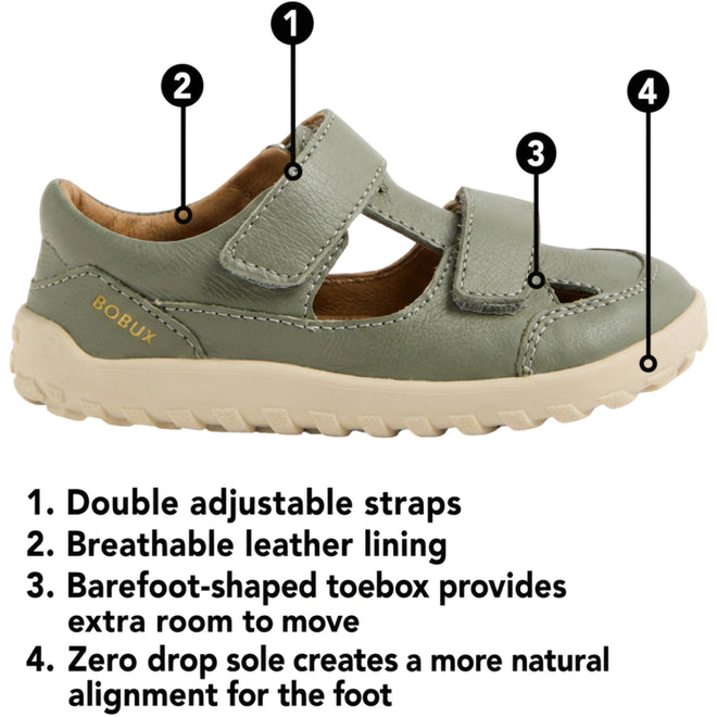 An bobux troop children's shoe with numbered callout labels and descriptive text highlighting features such as double adjustable straps, breathable leather lining, a barefoot-shaped toebox, and a zero drop sole., 46383, 9420068562561, 9420068562578, 9420068562585, 9420068562592