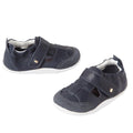 The Bobux XP Explorer Beau First Walker Sandal Navy features velcro straps, white flexible soles, and suede toe caps, displayed on a white background.