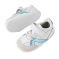The Bobux Xplorer XP Chase White Blue Jelly Mint First Walker Crawler shoes are displayed on a white background, featuring two white baby sneakers with light blue accents, beige toe detail, Velcro straps, and white rubber soles—perfect as pre walker shoes for your little one., 9420074870285, 9420074870292, 9420074870308