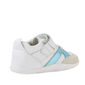 The Bobux Xplorer XP Chase White Blue Jelly Mint First Walker Crawler, a small white leather crawling shoe with a blue stripe, suede toes, and a Velcro strap, is shown at an angle on a white background., 9420074870285, 9420074870292, 9420074870308