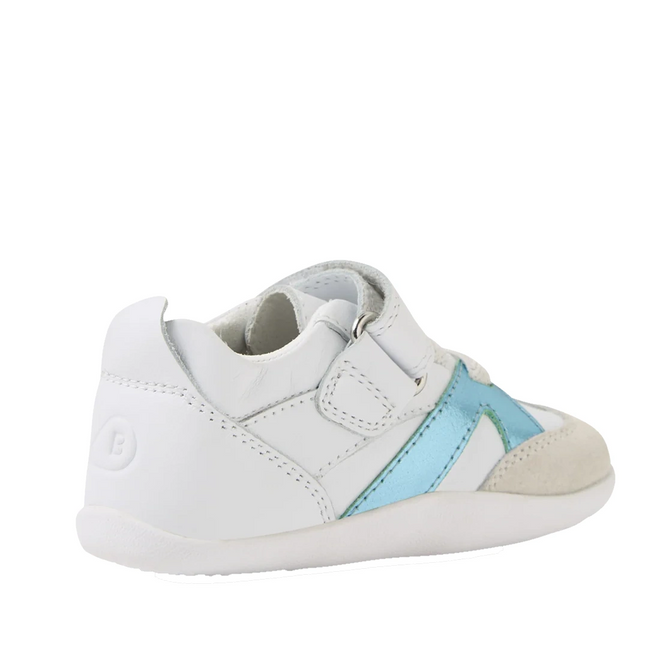 The Bobux Xplorer XP Chase White Blue Jelly Mint First Walker Crawler, a small white leather crawling shoe with a blue stripe, suede toes, and a Velcro strap, is shown at an angle on a white background., 9420074870285, 9420074870292, 9420074870308