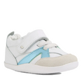 The Bobux Xplorer XP Chase White Blue Jelly Mint First Walker Crawler features a white design with a beige toe cap, blue side detail, and a white hook-and-loop strap closure—these stylish baby sneakers are crafted from leather to provide both comfort and support for little pre-walkers as they crawl and take their first steps., 9420074870285, 9420074870292, 9420074870308
