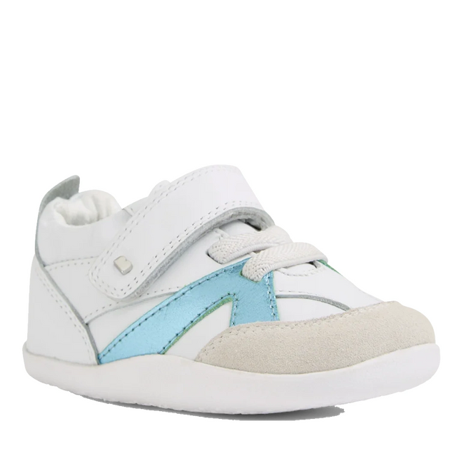 The Bobux Xplorer XP Chase White Blue Jelly Mint First Walker Crawler features a white design with a beige toe cap, blue side detail, and a white hook-and-loop strap closure—these stylish baby sneakers are crafted from leather to provide both comfort and support for little pre-walkers as they crawl and take their first steps., 9420074870285, 9420074870292, 9420074870308