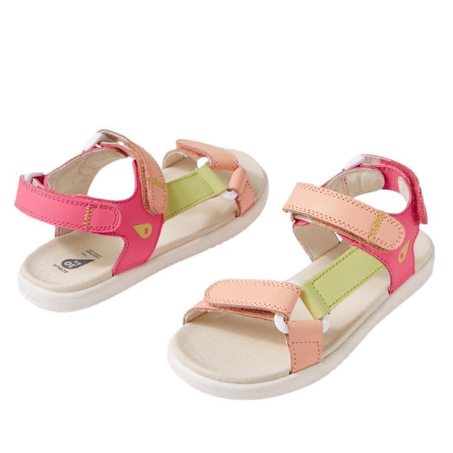 The Bobux Kid+ Plus Vine Leather Pink Lemonade Open Toe Sandal Junior features pink, peach, and light green straps, white soles, and adjustable Velcro closures—ideal water-friendly sandals for summer adventures.