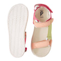 The Bobux Kid+ Plus Vine Leather Pink Lemonade Open Toe Sandal Junior features pastel pink, peach, and green leather straps with white buttons, Velcro closures, and a textured light sole—ideal summer sandals for kids., 9420074820495, 9420074820501, 9420074820518, 9420074820525, 9420074820532, 9420074820549, 9420074820556
