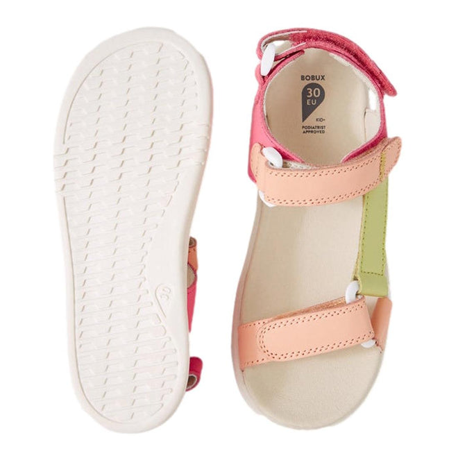 The Bobux Kid+ Plus Vine Leather Pink Lemonade Open Toe Sandal Junior features pastel pink, peach, and green leather straps with white buttons, Velcro closures, and a textured light sole—ideal summer sandals for kids., 9420074820495, 9420074820501, 9420074820518, 9420074820525, 9420074820532, 9420074820549, 9420074820556
