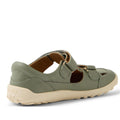 The Bobux Kid+ Troop Leather Closed Toe Sandal in Vetiver Green is a sage green leather children’s shoe with cut-out sides, wide toe box, beige flexible rubber sole, and two hook-and-loop straps for easy fastening and comfort., 9420074822802, 9420074822819, 9420074822826, 9420074822833, 46314, 46315, 46316