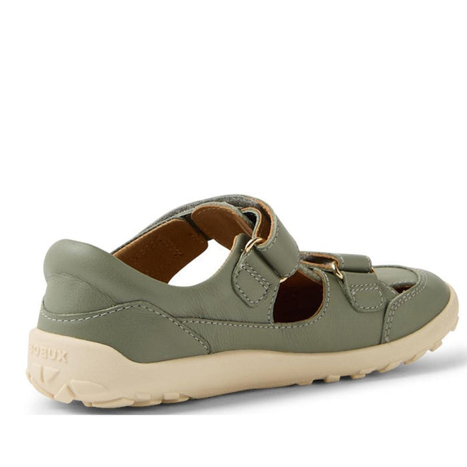 The Bobux Kid+ Troop Leather Closed Toe Sandal in Vetiver Green is a sage green leather children’s shoe with cut-out sides, wide toe box, beige flexible rubber sole, and two hook-and-loop straps for easy fastening and comfort., 9420074822802, 9420074822819, 9420074822826, 9420074822833, 46314, 46315, 46316