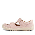 The Bobux Kid+ Troop Leather Closed Toe Sandal in Cameo Rose Pink is a children’s Mary Jane shoe with a wide toe box, two hook-and-loop straps, cut-out details, and a cream rubber sole, shown in side profile on a white background., 9420068562882, 9420068562899, 9420068562905, 9420068562912, 46321, 46322, 46323