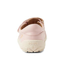 A close-up rear view of the Bobux Kid+ Troop Leather Closed Toe Sandal in Cameo Rose Pink with a cream sole. BOBUX is embossed on the heel, and its wide toe box offers comfort. Set against a plain white background., 9420068562882, 9420068562899, 9420068562905, 9420068562912, 46321, 46322, 46323