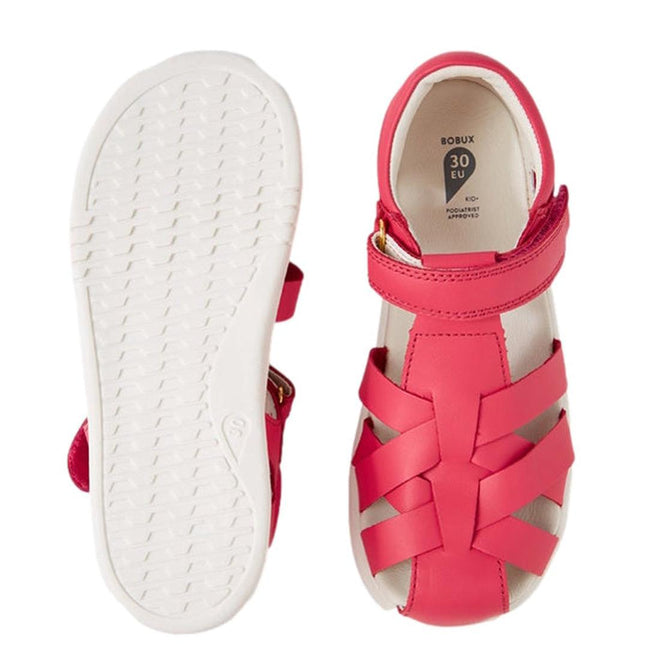 The Bobux Kids Plus KP Tropicana II Radiant Raspberry Sandal in pink features woven straps and white rubber soles. One unisex sandal shows the top view, the other displays the sole tread; size “30 EU” is visible inside., 9420068558717, 9420068558724, 9420068558731, 9420068558748, 9420068558755, 46275, 46276