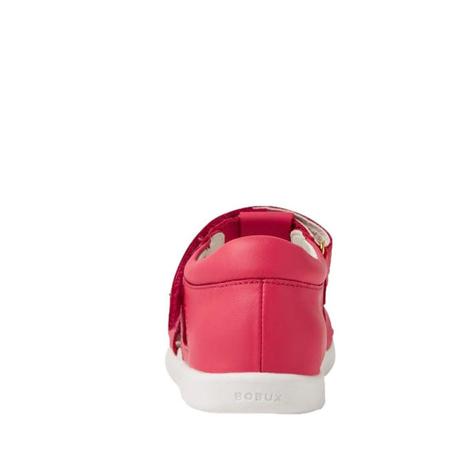 A rear view of the Bobux Kids Plus KP Tropicana II Radiant Raspberry Sandal, featuring a pink color with a white sole and BOBUX embossed on the heel, is shown against a white background., 9420068558717, 9420068558724, 9420068558731, 9420068558748, 9420068558755, 46275, 46276