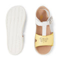 The Bobux Kids + Plus Girls Haven White Pale Banana sandals feature white soles, adjustable ankle straps, and yellow butterfly-adorned front straps—one shown from the top and one from the bottom—making them perfect summer shoes for kids., 46617, 46618, 46619, 46620, 46621, 46622, 46623