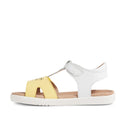 The Bobux Kids + Plus Girls Haven White Pale Banana sandal has a white adjustable ankle strap, yellow cutout front, open toe, white rubber sole, Velcro closure, and tan insole—ideal summer shoes for little ones., 46617, 46618, 46619, 46620, 46621, 46622, 46623