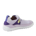 The Bobux Kid+ Meta Knit Barefoot Sneaker in Thistle Lavender for juniors features light purple mesh, darker purple and yellow accents, a white flexible non-slip outsole, and a heel loop, shown angled to display the outer side and back., 9420074835949, 9420074835956, 9420074835963, 9420074835970, 9420074835987, 46350, 46351