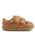 The Bobux Step Up Buggie Embroidered First Walker Sneaker Caramel features tan quickdry leather, two Velcro straps, colorful bee, leaf, butterfly, and ladybug embroidery on the side, plus a light brown textured sole—ideal for playful toddlers., 9420074828552, 9420074828569, 9420074828576