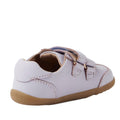 The Bobux Step Up Buggie Embroidered Sneaker in Thistle Purple is a light purple leather toddler shoe with a tan rubber sole, two hook-and-loop straps, and visible stitching—perfect for first walkers., 9420074828507, 9420074828514, 9420074828521