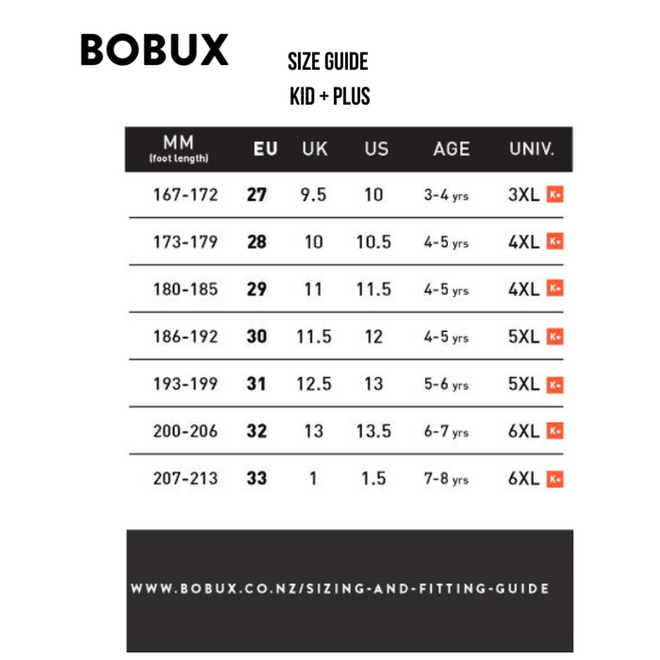 A Bobux size guide chart for the XP Explorer Beau First Walker Sandal Sage Green, showing measurements in mm, EU, UK, US sizes, recommended ages, and universal sizes from 27 (age 3–4.5) to 33 (age 7–8 years)., 9420075784499, 9420075783676, 9420075783706, 9420075784208