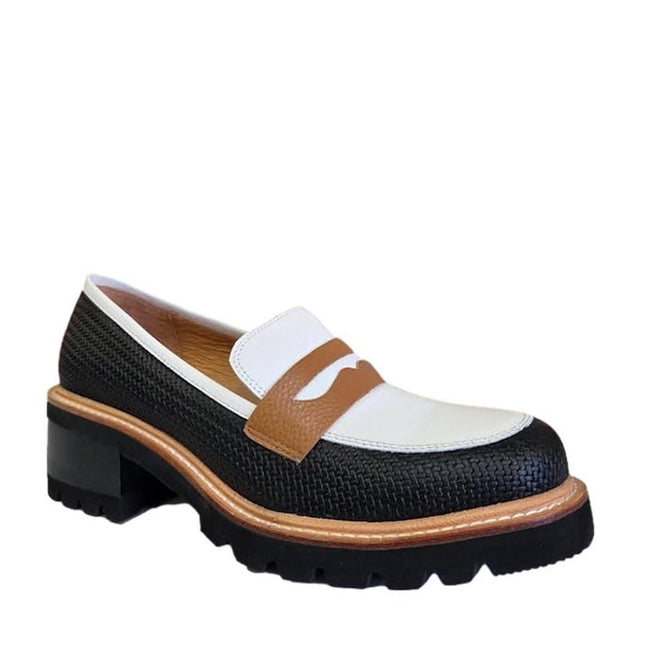 The Bresley Delmira Black Combo Leather Loafer features a white upper, tan leather accent, chunky black sole, low block heel, and contrasting stitching for standout style.