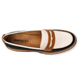 Top view of the Bresley Delmira Black Combo Leather Loafer with a white upper, brown strap, tan lining, black textured sides, visible stitching, and BRESLEY New Zealand branded insole—a standout black combo loafer., 51680, 51681, 51682, 51683, 51684