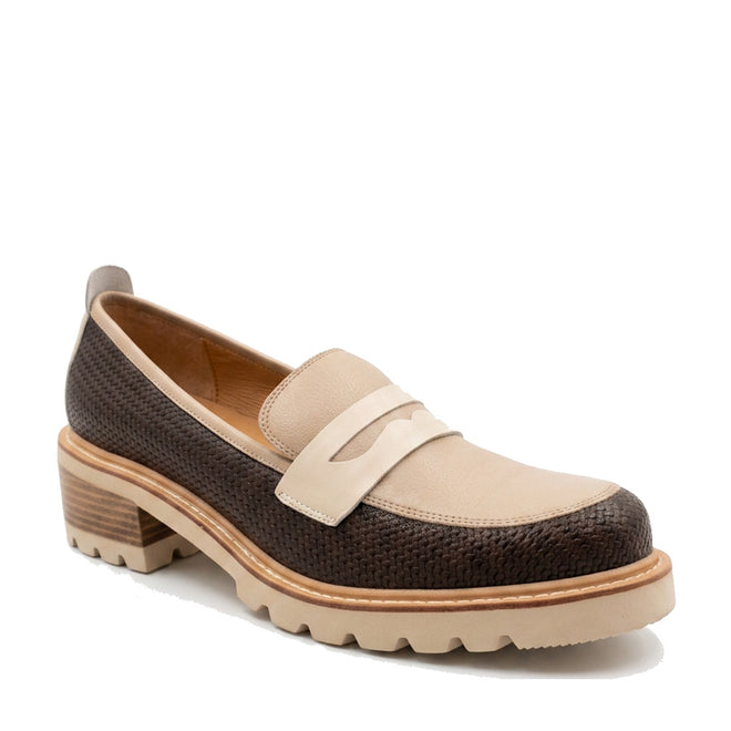 The Bresley Delmira Dark Brown Multi Leather Loafer features a women’s classic design with a cream leather upper, brown woven sides, and a chunky sole with a low stacked heel for timeless style and bold modern details.