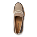 Top view of the Bresley Delmira Dark Brown Multi Leather Loafer featuring a taupe and beige leather upper, textured dark brown sides, light tan sole, and a branded BRESLEY New Zealand insole., 51675, 51676, 51677, 51678, 51679