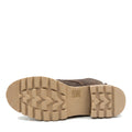 The image displays the chunky sole of the Bresley Delmira Dark Brown Multi Leather Loafer, featuring a tan, thick, ridged rubber tread for traction. The loafer is positioned on its side to show the entire bottom view., 51675, 51676, 51677, 51678, 51679