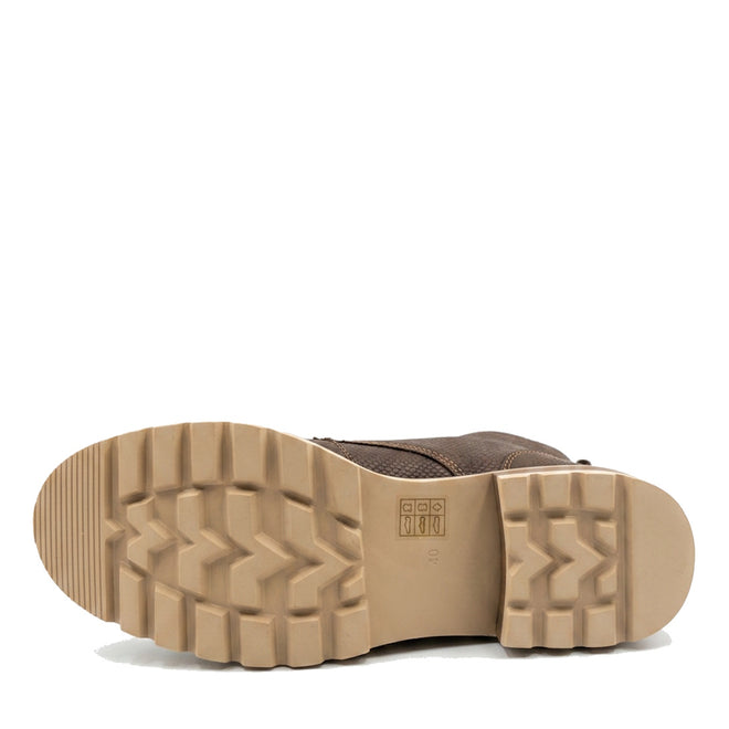 The image displays the chunky sole of the Bresley Delmira Dark Brown Multi Leather Loafer, featuring a tan, thick, ridged rubber tread for traction. The loafer is positioned on its side to show the entire bottom view., 51675, 51676, 51677, 51678, 51679