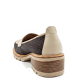 The Bresley Delmira Dark Brown Multi Leather Loafer showcases a stylish leather upper, chunky wooden heel, woven dark brown sides, and cream-colored leather trim, with the heel angled toward the camera., 51675, 51676, 51677, 51678, 51679