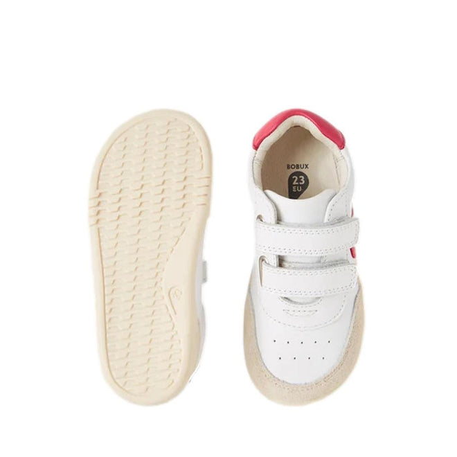 The Bobux Kids IWalk IW Champ Radiant Raspberry Sneaker 650506 in size 23 EU features white uppers, beige soles, red accents, and two adjustable straps. Shown from top and bottom for a clear view of the design., 47914, 9420068552555, 9420068552562, 9420068552579, 9420068552586