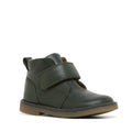 The Clarks Charlie Dark Olive Toddlers Leather Boot is a single children's boot in dark green leather with a brown rubber sole and wide self-fastening front strap, shown on a white background.