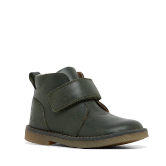 The Clarks Charlie Dark Olive Toddlers Leather Boot is a single children's boot in dark green leather with a brown rubber sole and wide self-fastening front strap, shown on a white background.