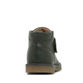 Rear view of the Clarks Charlie Dark Olive Toddlers Leather Boot, featuring dark green leather, a brown rubber sole, self-fastening strap, heel tab, and Chelsea Boot-inspired design, photographed on a white background., 9336078963895, 9336078963901, 9336078963918, 9336078963925, 9336078963932