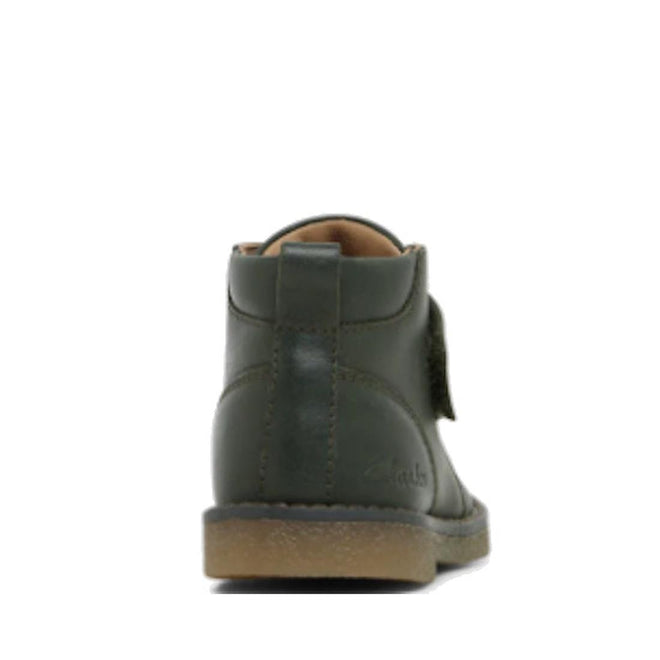 Rear view of the Clarks Charlie Dark Olive Toddlers Leather Boot, featuring dark green leather, a brown rubber sole, self-fastening strap, heel tab, and Chelsea Boot-inspired design, photographed on a white background., 9336078963895, 9336078963901, 9336078963918, 9336078963925, 9336078963932