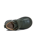 Top view of a single Clarks Charlie Dark Olive Toddlers Leather Boot in dark green leather with a self-fastening strap and brown lining, placed on a white background. The Clarks logo appears inside the boot., 9336078963895, 9336078963901, 9336078963918, 9336078963925, 9336078963932