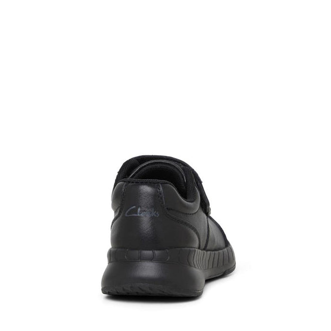 A rear view of the Clarks Hurry Black Leather School Shoe shows a thick sole, scuff-resistant toe, and Clarks logo on the heel, set against a white background., 34987, 34988, 34989, 34990, 9336078625489, 9336078625502, 9336078625526, 9336078625540, 9336078625564, 9336078625588