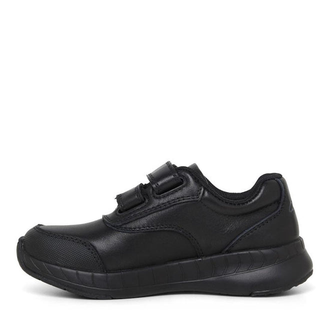 The Clarks Hurry Black Leather School Shoe features a black leather and synthetic low-cut design, textured sole, rounded scuff-resistant toe, and two Velcro straps for durability and comfort every day., 34987, 34988, 34989, 34990, 9336078625489, 9336078625502, 9336078625526, 9336078625540, 9336078625564, 9336078625588