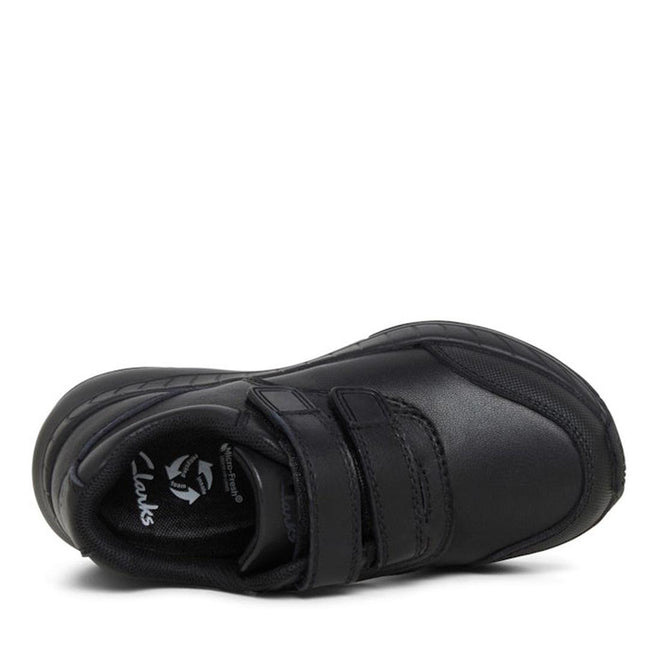 The Clarks Hurry Black Leather School Shoe for children is shown from above, with a scuff-resistant toe, two Velcro straps, and the Clarks logo visible on the black insole., 34987, 34988, 34989, 34990, 9336078625489, 9336078625502, 9336078625526, 9336078625540, 9336078625564, 9336078625588