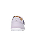 A light purple Clarks Toddlers Macy Lilac Leather Trainer with a white sole is shown from the back on a plain white background. This kids’ leather sneaker features stitching details and a low-cut design for comfort., 9336078203618, 9336078203656, 9336078203694, 9336078203731, 9336078203779